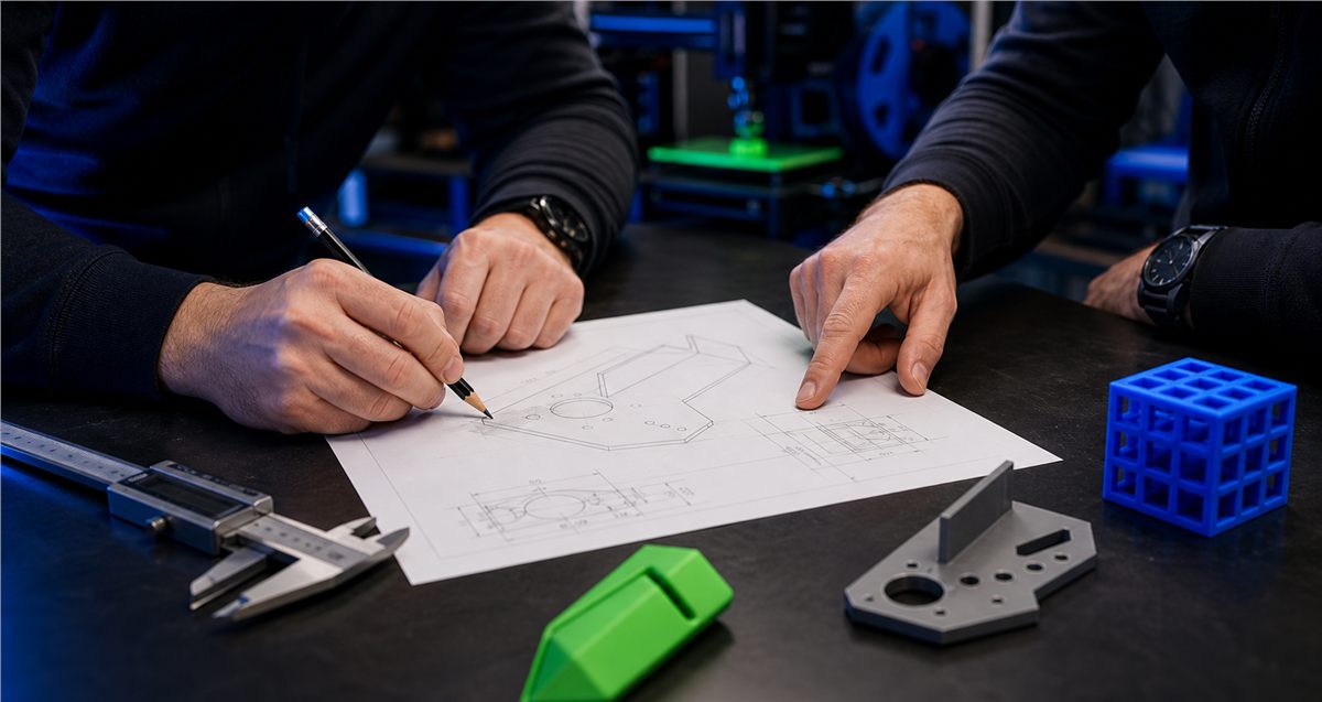 Due persone preparano una bozza tecnica per un pezzo stampato in 3D